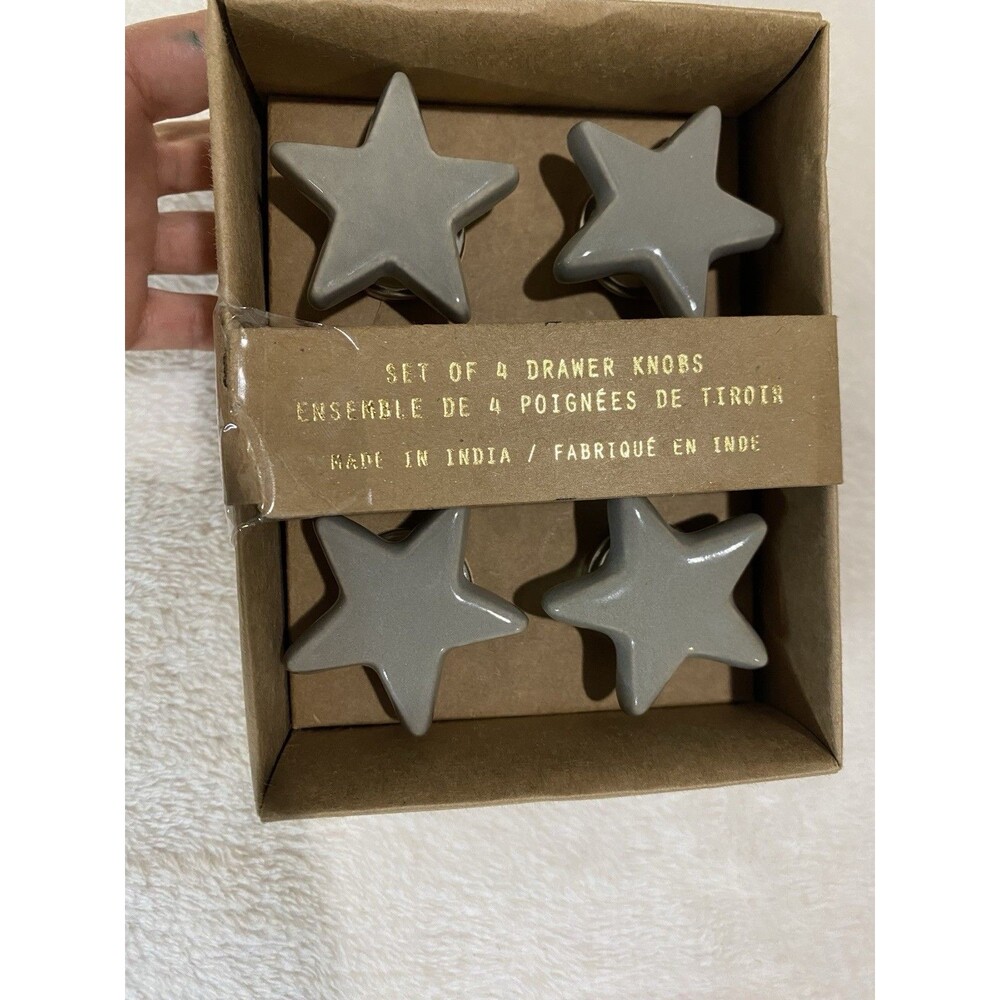 Set of 4 Gray Ceramic Star Shaped Drawer Knobs Furniture Pulls Kids. Indian Made